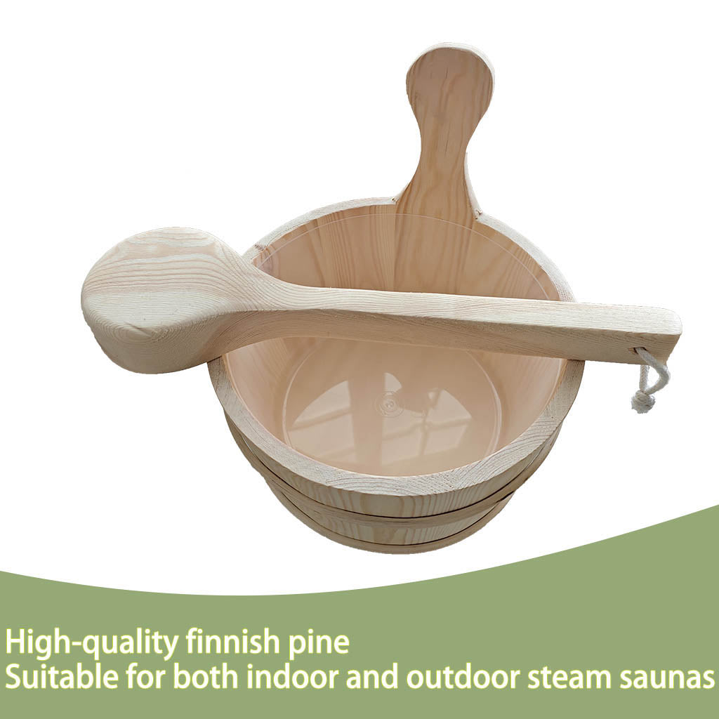 Premium sauna pail and dipper kit - handcrafted wooden bucket paired with classic ladle for traditional water splash experience