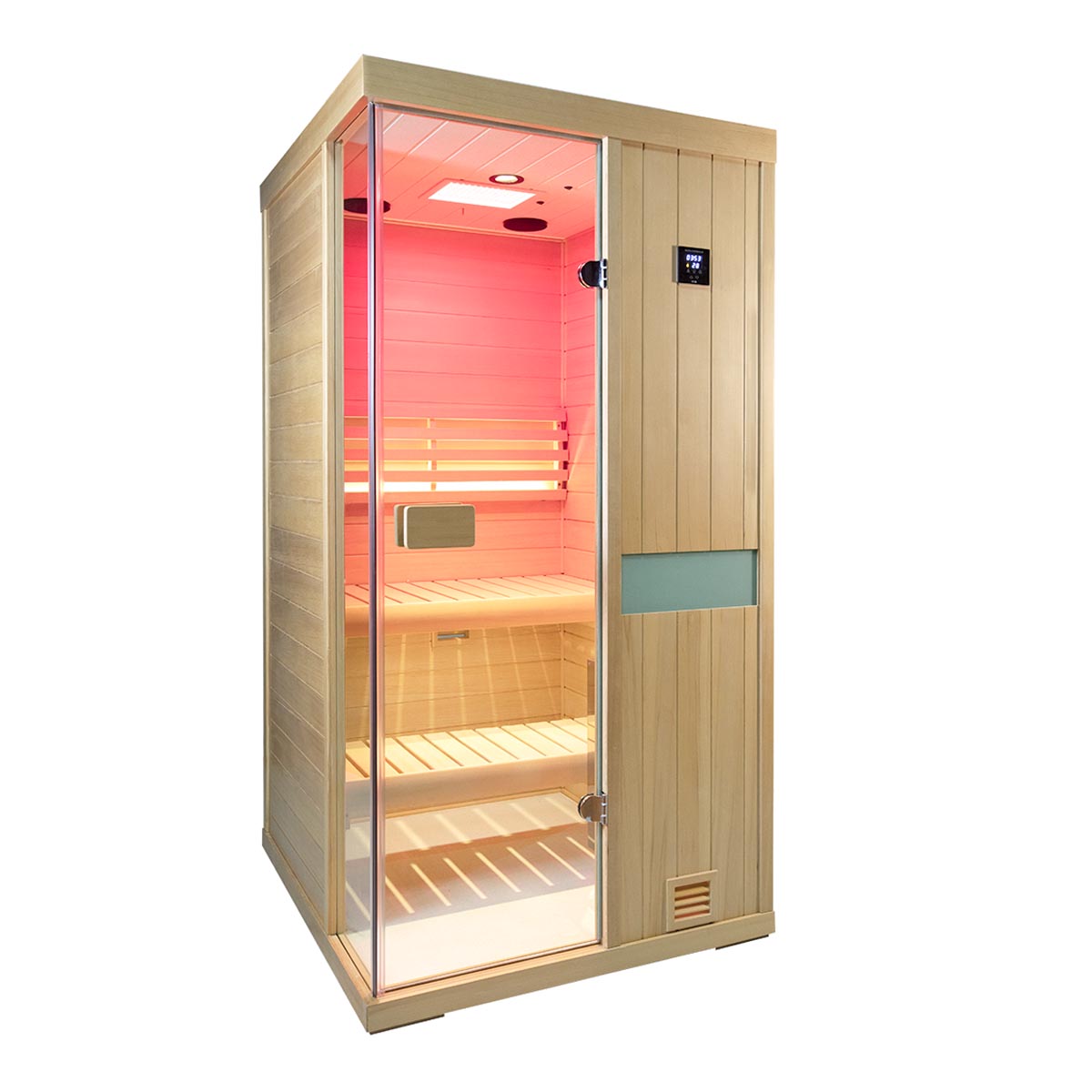 Samsora 701SH indoor steam sauna installation - hemlock wood single-person unit seamlessly integrated into residential bathroom with minimalist aesthetic