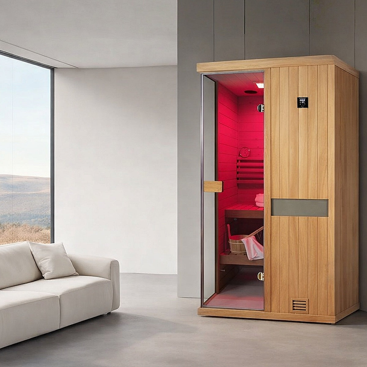 Samsora 702ST steam sauna home interior display - luxurious mahogany construction integrated into residential space with sophisticated wellness design