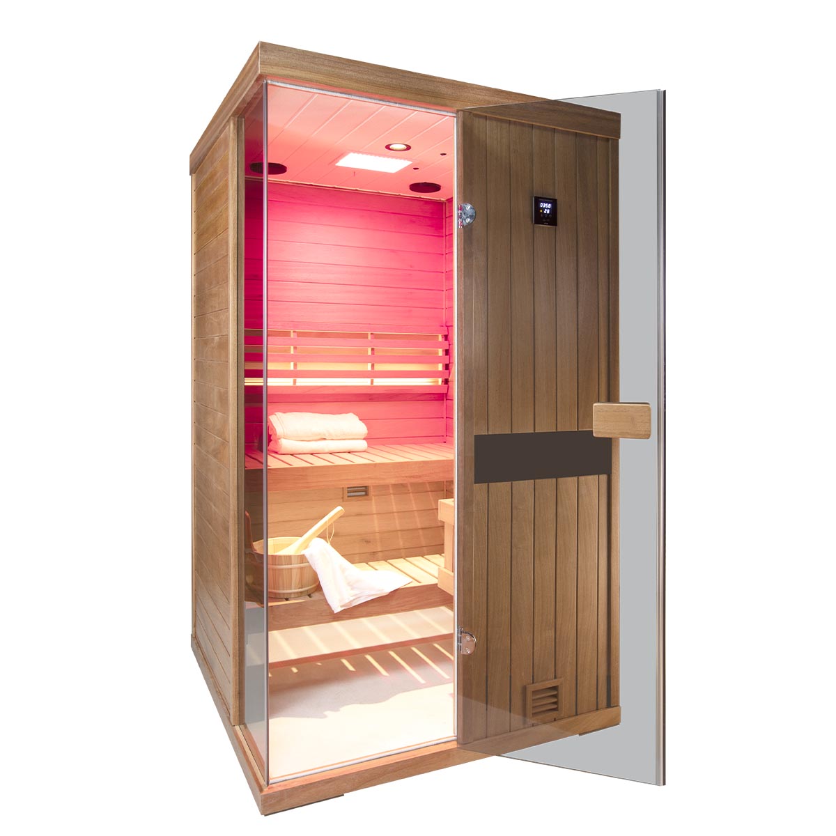 Samsora 702ST steam sauna right side view - mahogany side panel showcasing unit width, ventilation openings and sleek profile design