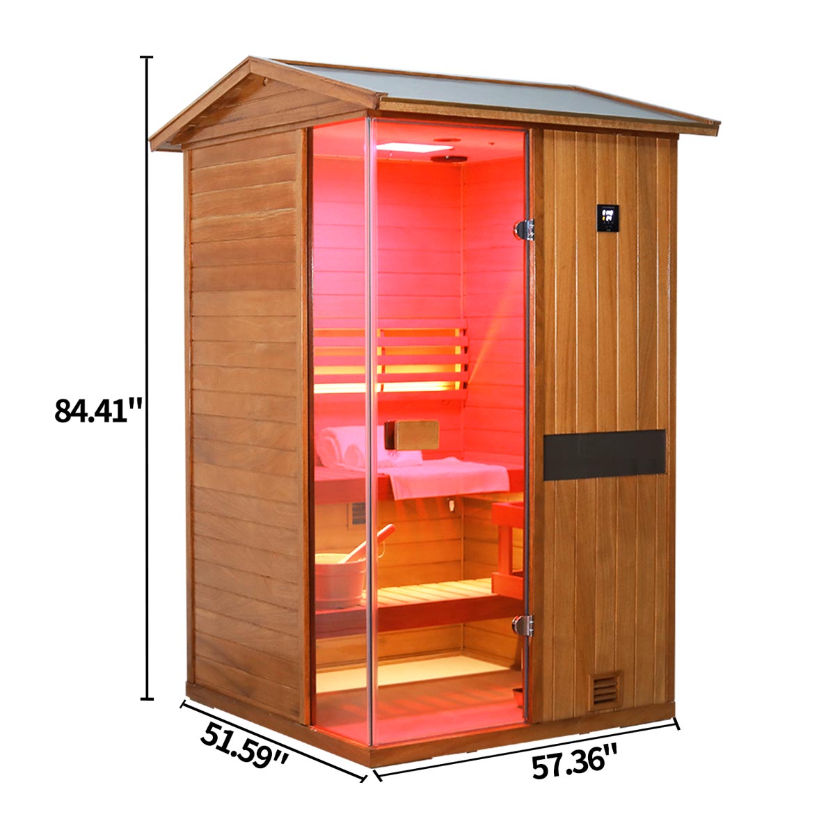 Samsora 702VT steam sauna right side view - mahogany lateral panel displaying unit depth, wood grain texture and compact installation profile External_dimensions