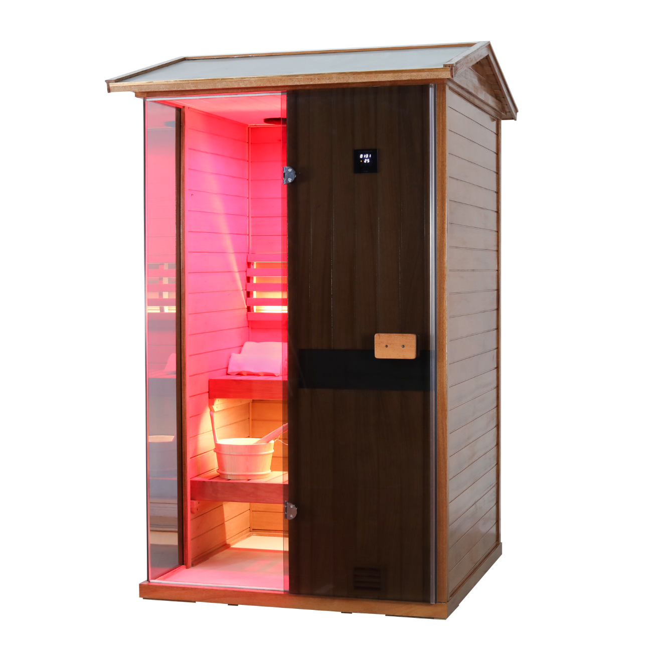 Samsora 702VT steam sauna primary front view - African mahogany two-person model with full glass door, luxurious wood finish and contemporary wellness design