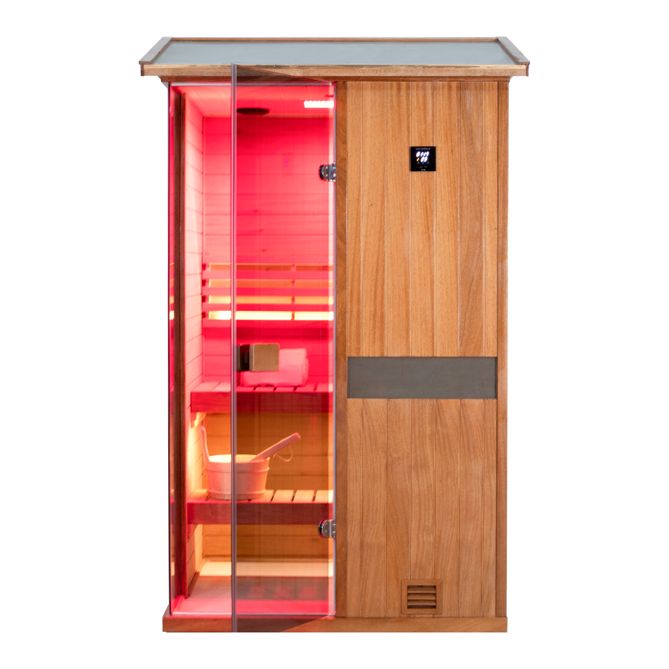 Samsora 702VT steam sauna rear view - African mahogany back panel showing ventilation system, electrical connections and framework construction