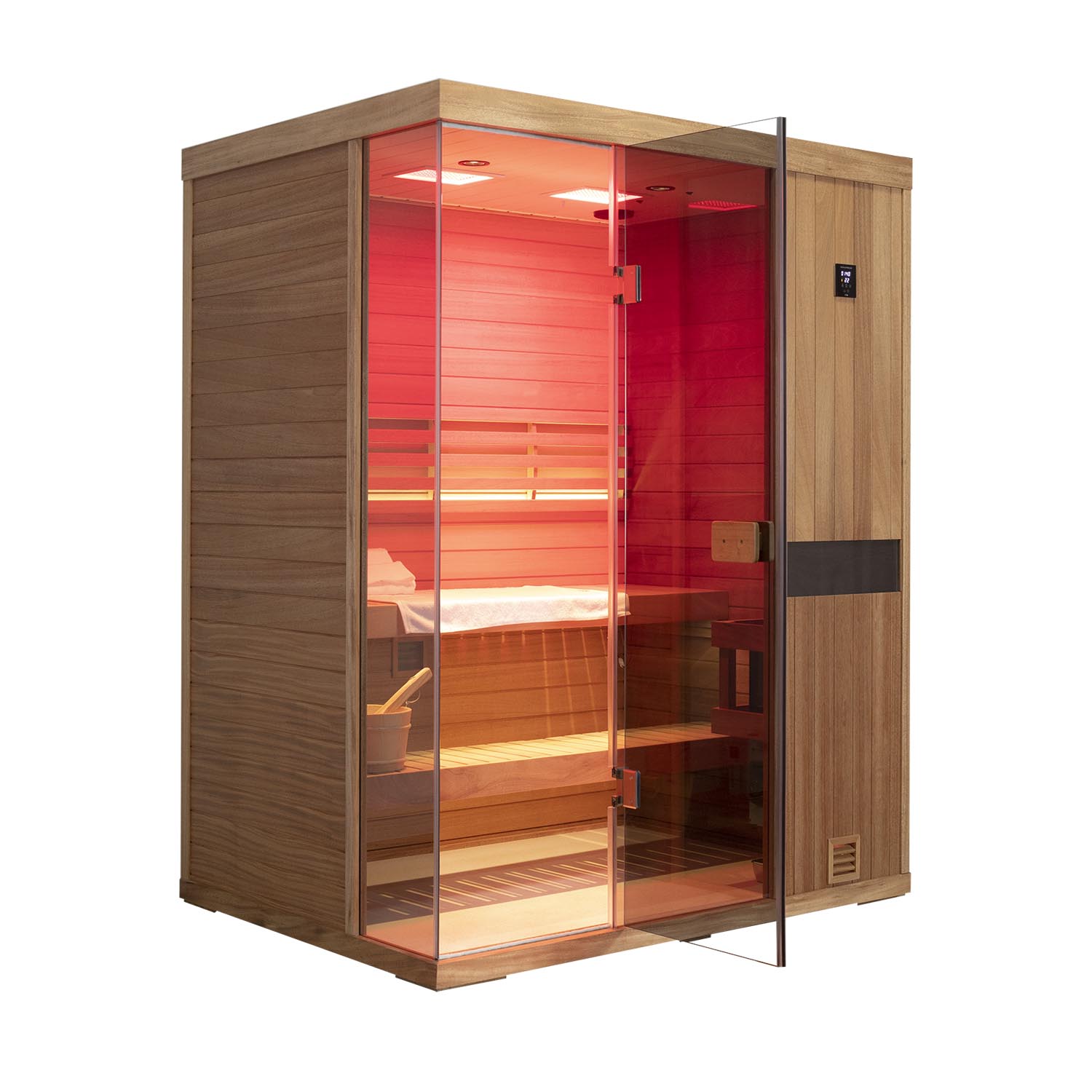 Samsora 703ST home steam sauna right side display - side elevation showcasing mahogany grain pattern, structural framework and compact integration