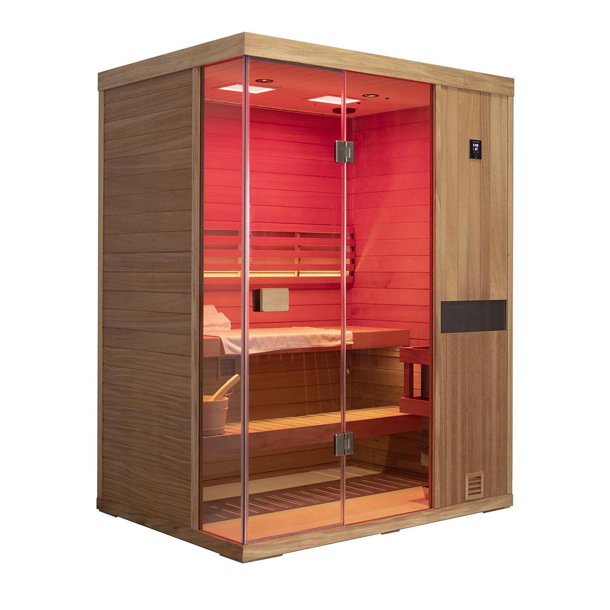 Samsora 703ST indoor steam sauna front presentation - three-capacity mahogany unit showcasing full-length glass entrance and sophisticated finish