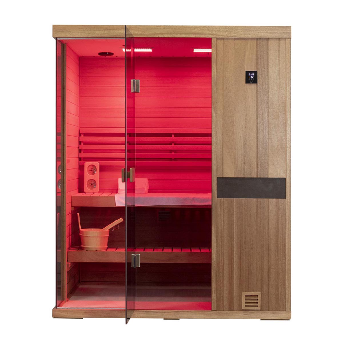 Samsora 703ST steam sauna angled front view - quarter perspective revealing mahogany facade depth, door frame and dimensional proportions
