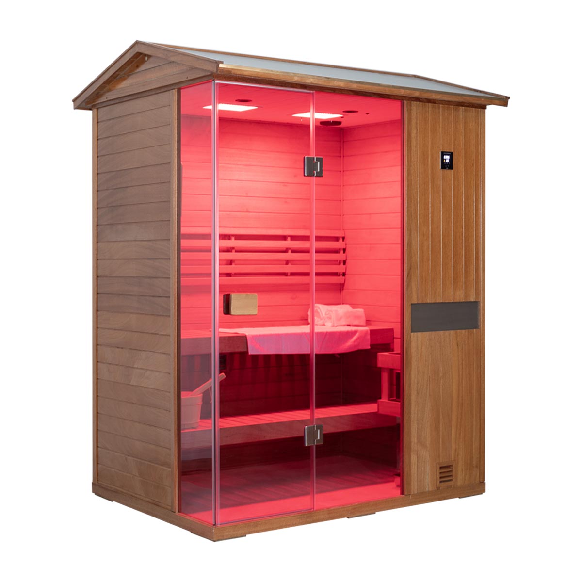 Samsora 703VT outdoor steam sauna corner view - three-quarter angle demonstrating fir wood finish, hardware details and dimensional footprint