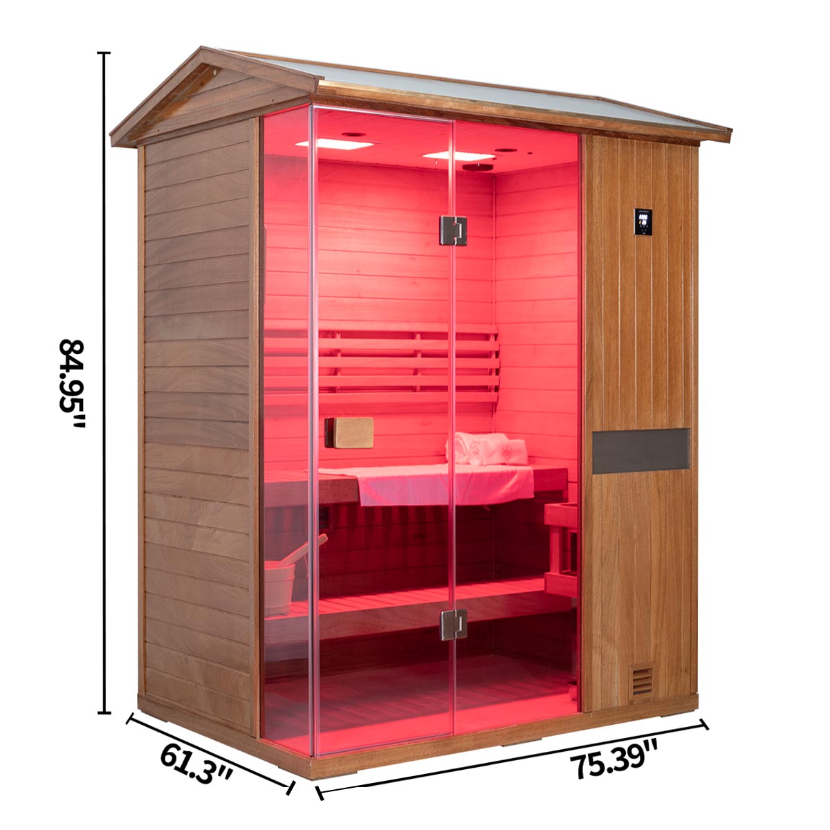 Samsora 703VT steam sauna right side view - African mahogany lateral panel displaying unit depth, wood grain texture and compact installation profile External_dimensions