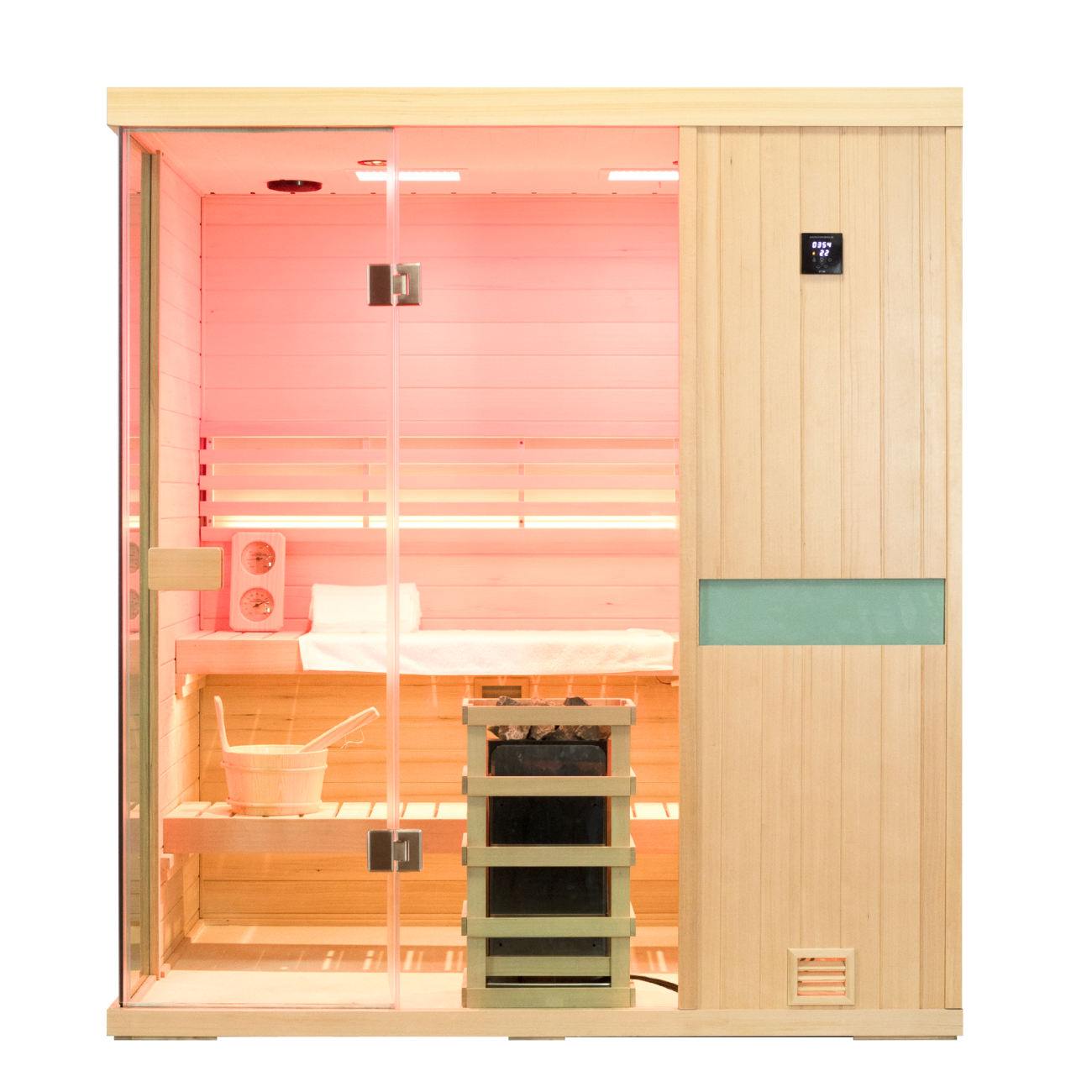 Samsora 704SH indoor sauna frontal presentation - premium hemlock construction featuring therapeutic red light glow and polished hardware for elegant home spa experience
