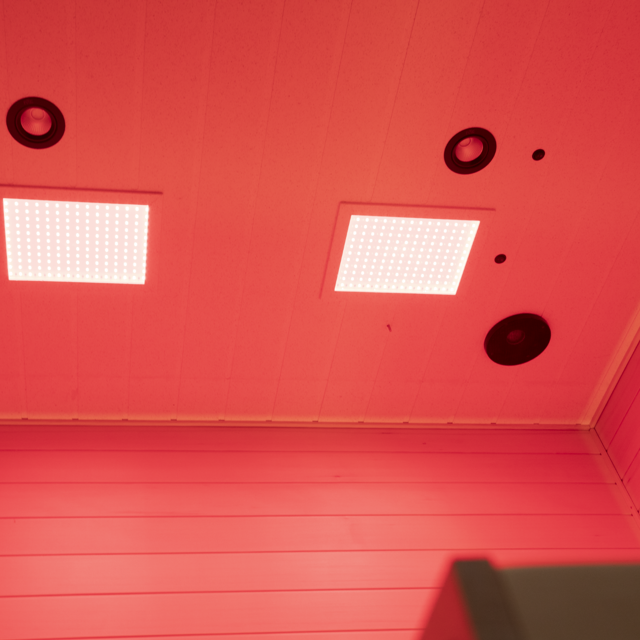 amsora 704SH interior wellness environment - natural hemlock interior featuring collagen-boosting red light ambiance, ionized air for respiratory health and stress-reducing atmosphere