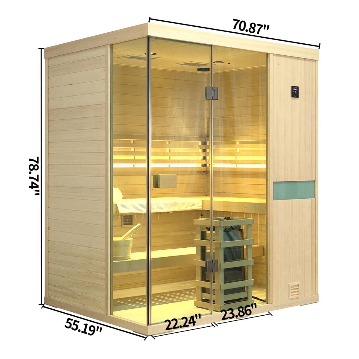 Samsora 704SH steam sauna right side profile - hemlock wood panel alignment, corner joinery and vertical dimension perspective