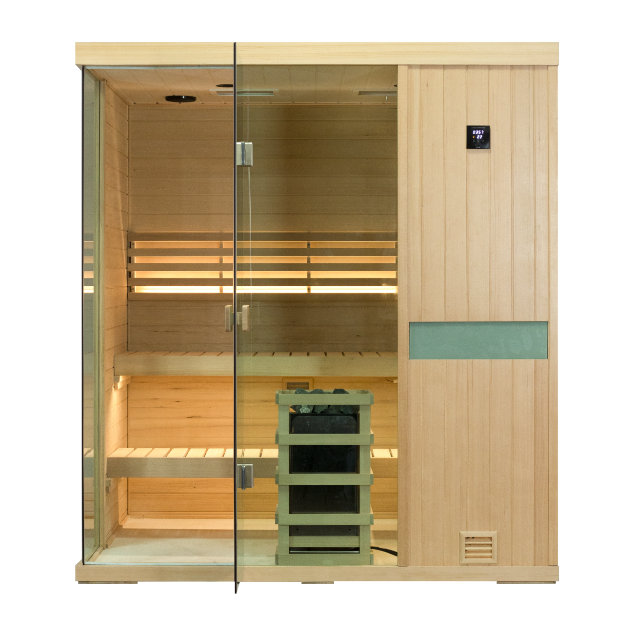 Samsora 704SH steam sauna front view - Canadian hemlock 4-person indoor model with expansive glass door and natural wood finish for ultimate family wellness