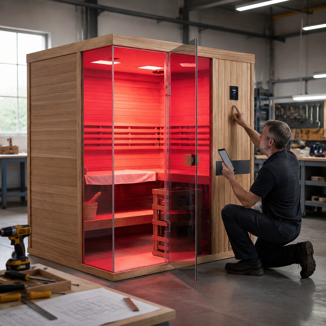 Samsora steam sauna manufacturing process display - premium wood selection, precision craftsmanship and quality control showcasing expert construction of African mahogany, Canadian hemlock and US fir wood models