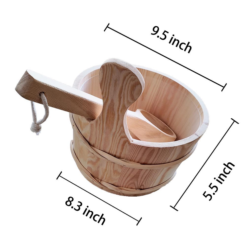 Sauna bucket with wooden ladle set - traditional wooden water pail and ergonomic scoop for authentic steam pouring ritual and aromatherapy