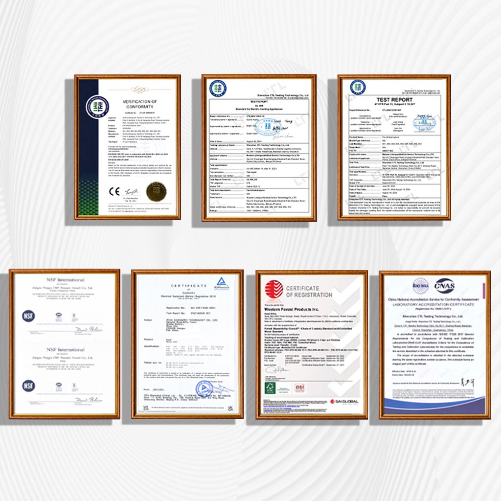 Samsora Certified Safety & Compliance
Main  components and materials are tested or certified under applicable regulations, helping provide greater confidence in quality, electrical safety, and responsible sourcing.