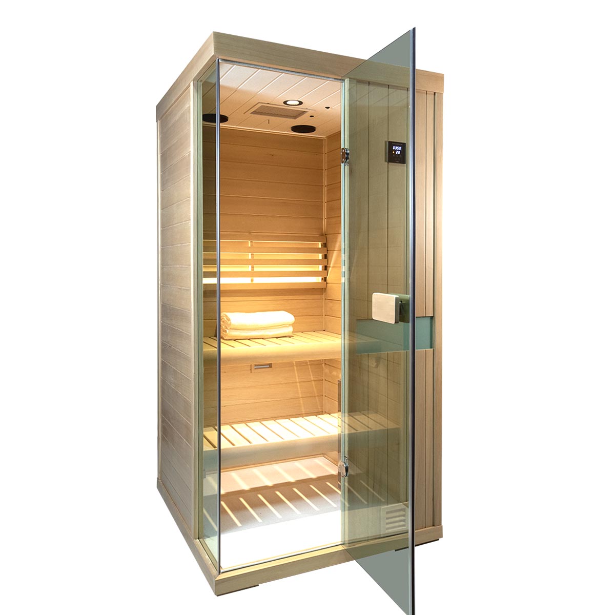 Samsora 701SH home wellness integration - compact hemlock sauna positioned in modern living space creating private therapeutic sanctuary