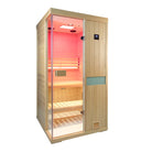 Samsora 701SH indoor steam sauna installation - hemlock wood single-person unit seamlessly integrated into residential bathroom with minimalist aesthetic