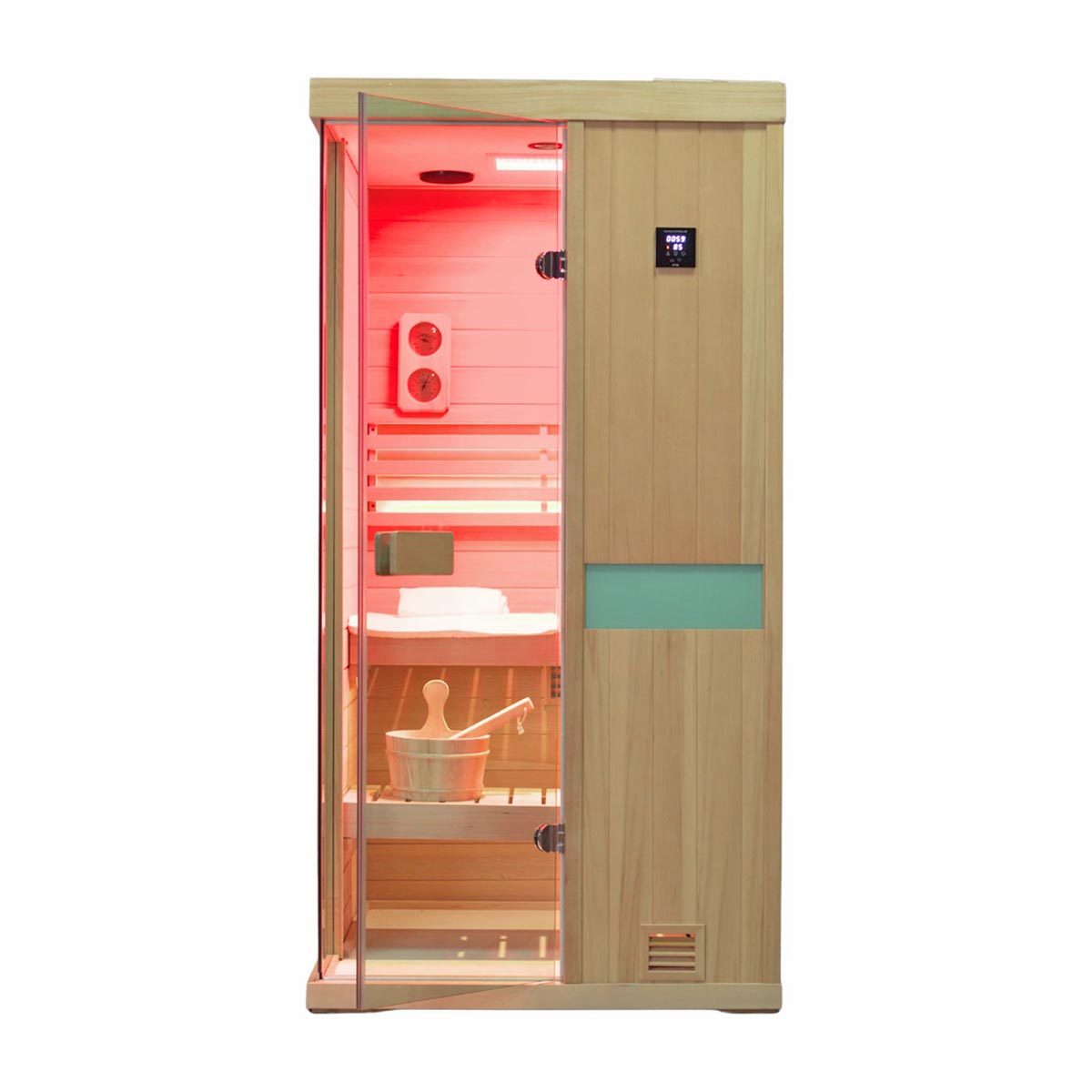 Samsora 701SH residential sauna placement - natural hemlock construction blending into contemporary home interior with functional elegance