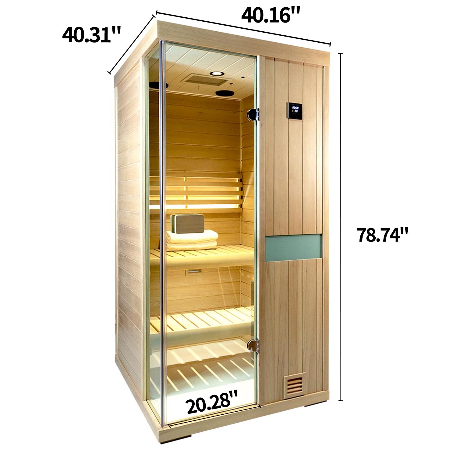Samsora 701SH steam sauna right side profile - hemlock wood panel alignment, corner joinery and vertical dimension perspective