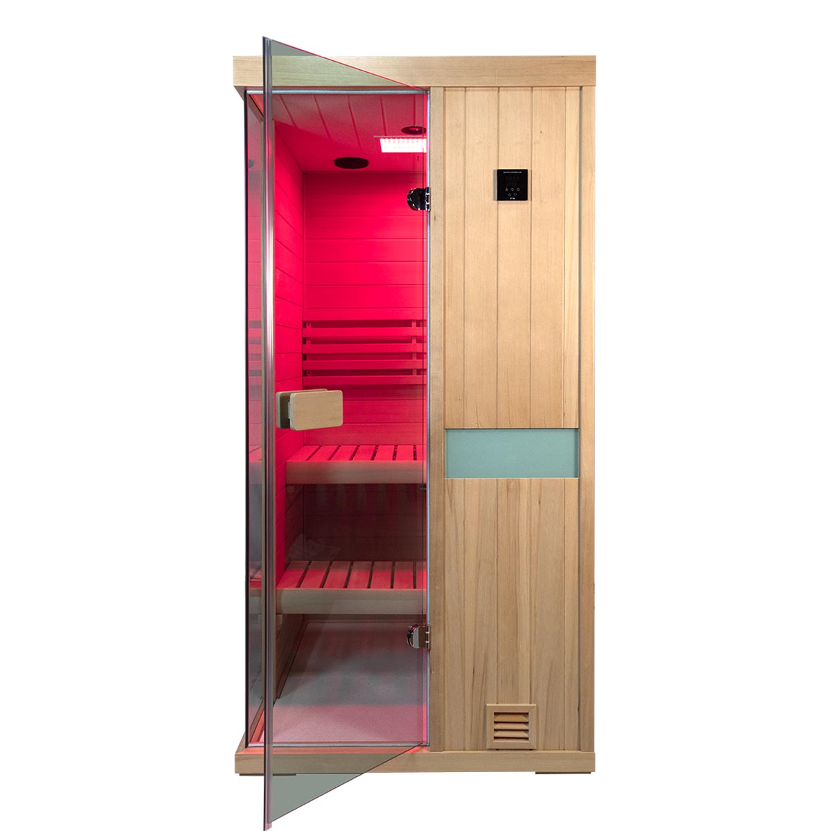 Samsora 701SH steam sauna front display - clean hemlock facade with centered glass entry, minimalist handle and symmetrical design composition
