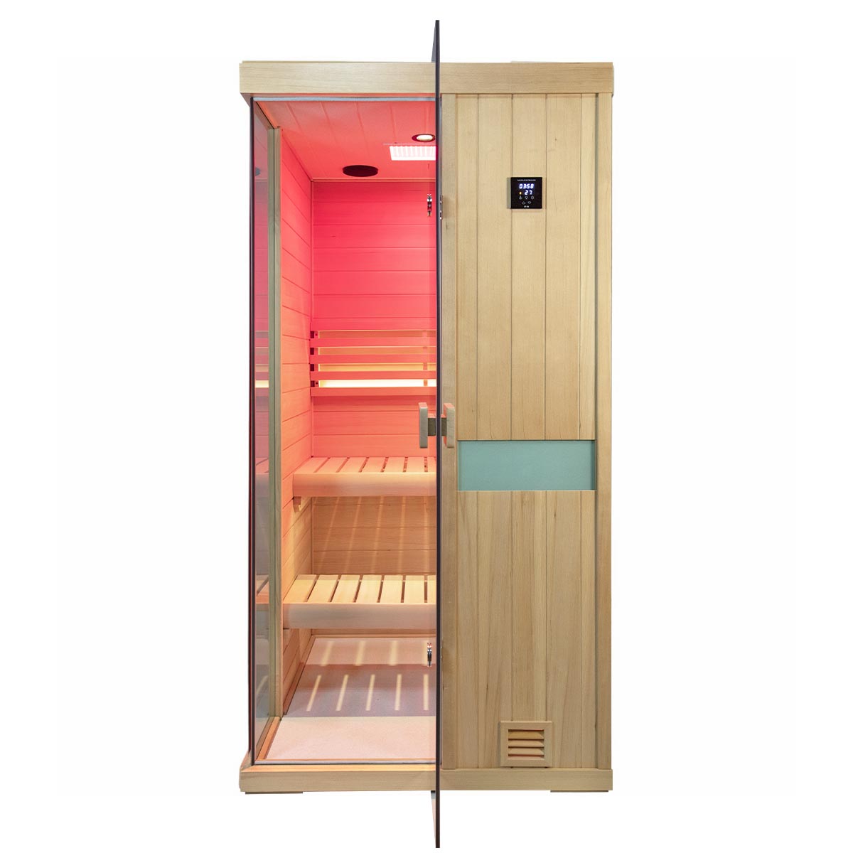 Samsora 701SH steam sauna front elevation - main entrance with glass door, handle hardware and complete frontal design presentation