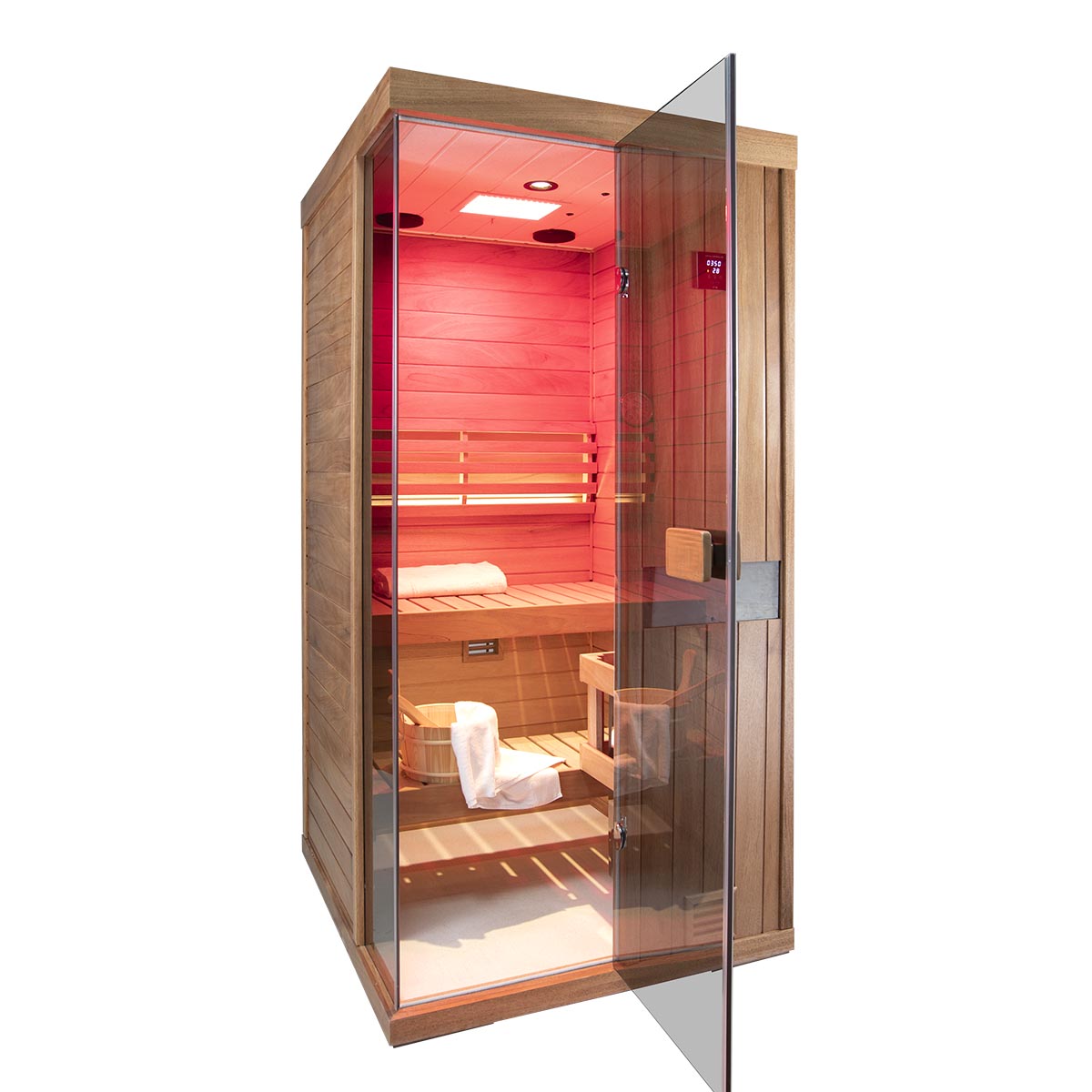 Samsora 701ST steam sauna full view - elegant standalone unit displaying refined mahogany panels, transparent entry and professional-grade steam technology