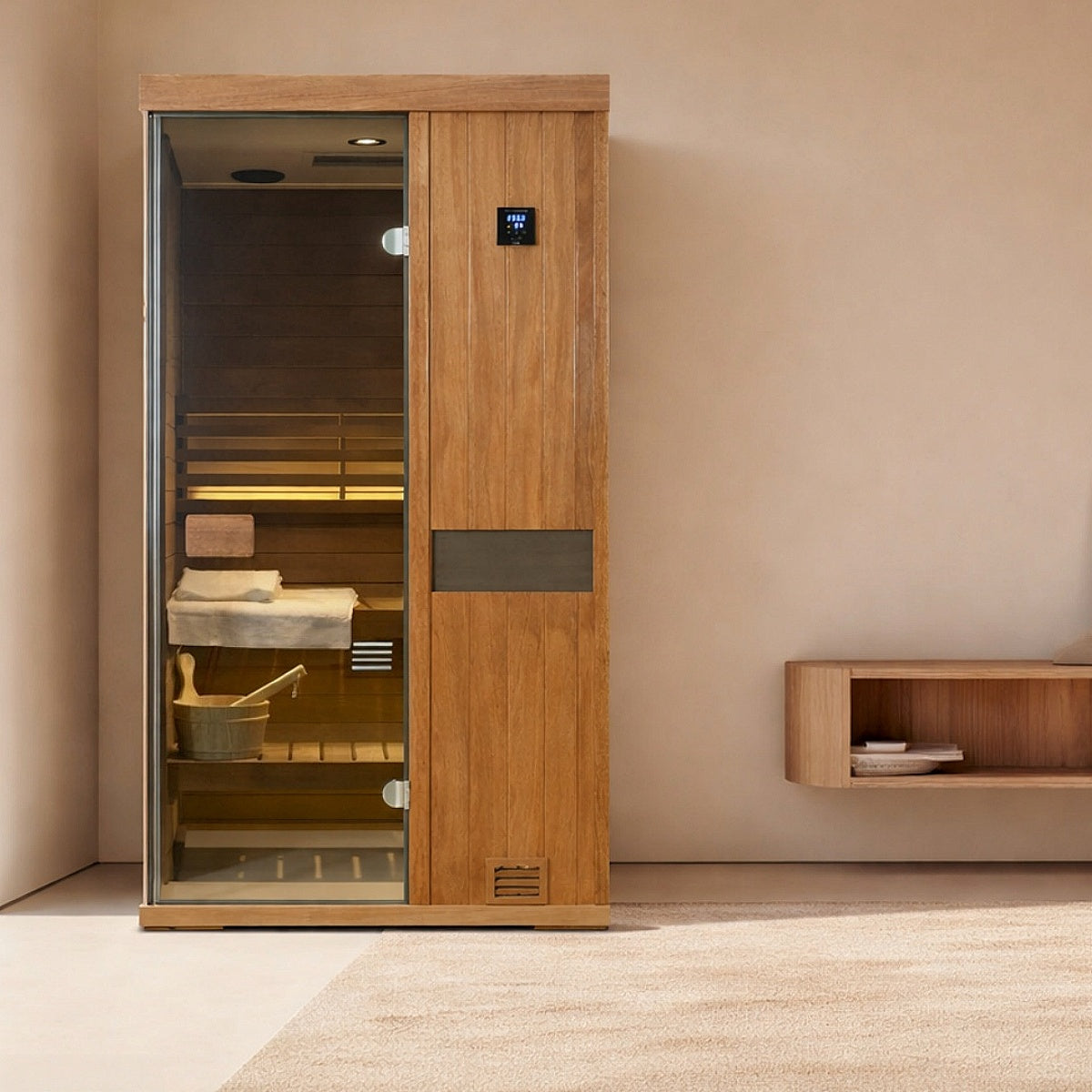 Samsora 701ST indoor steam sauna lifestyle scene - premium mahogany wood 1-person sauna in modern home setting with elegant design