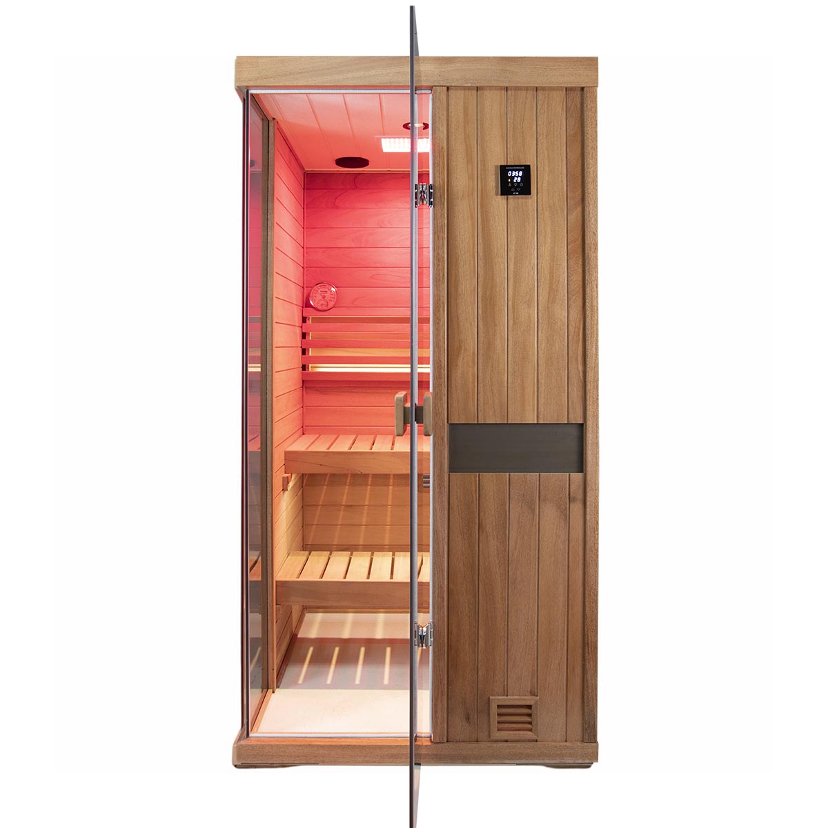 Samsora 701ST steam sauna model - compact single-person unit with rich mahogany finish, space-saving design and complete wellness functionality