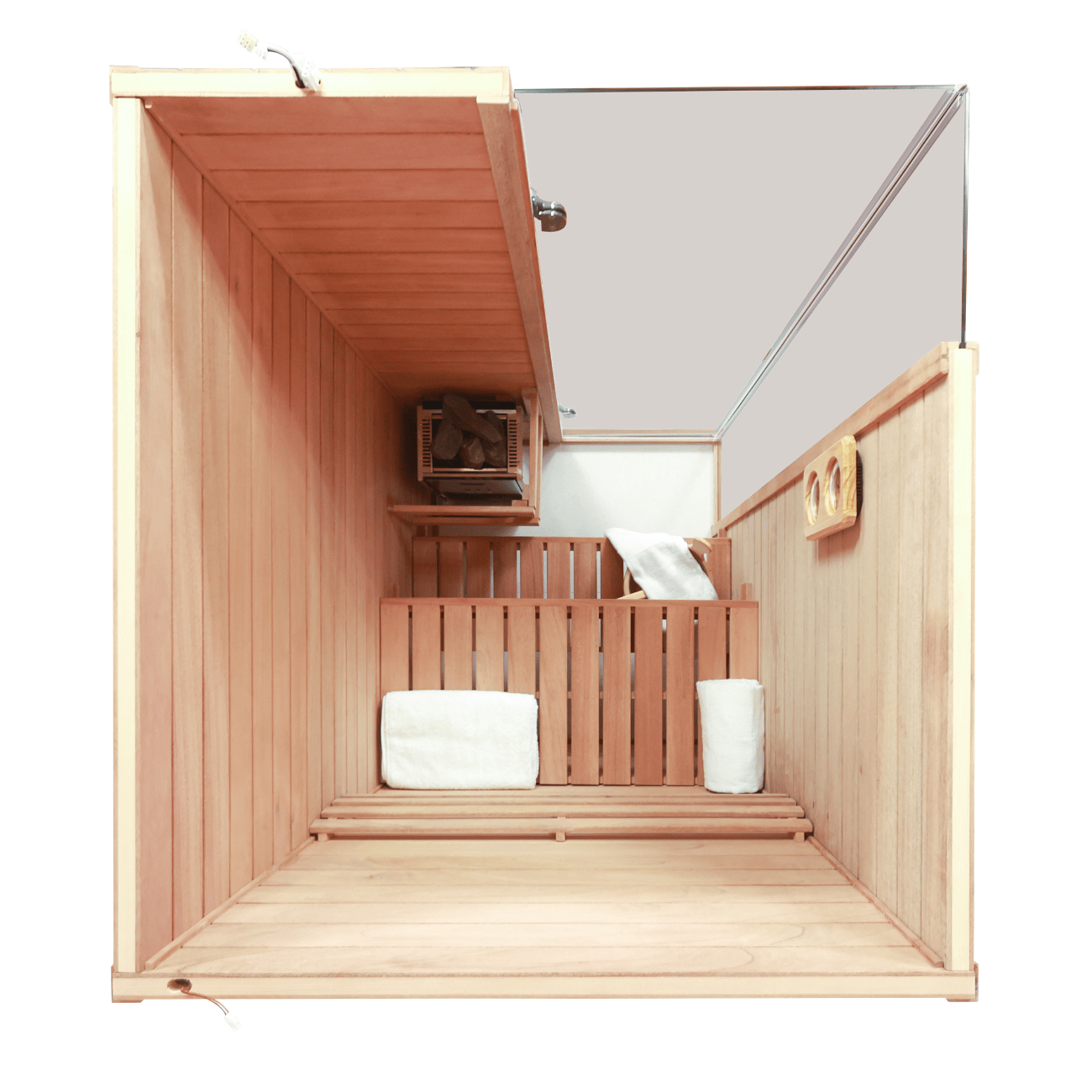Samsora 701ST indoor steam sauna aerial view - premium compact mahogany cabin with efficient space design