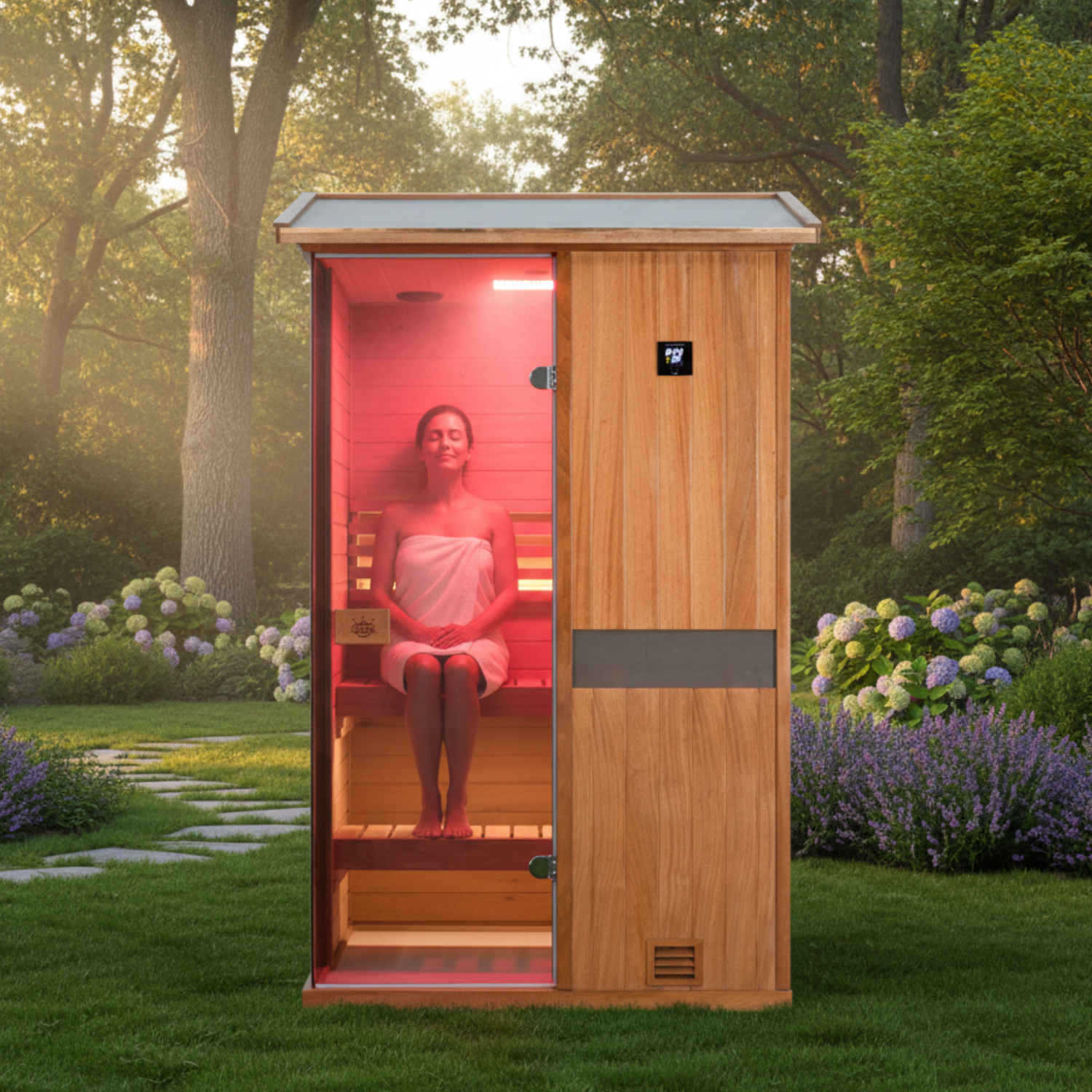 Samsora 701VT outdoor steam sauna showcase - premium compact sauna design for outdoor installation