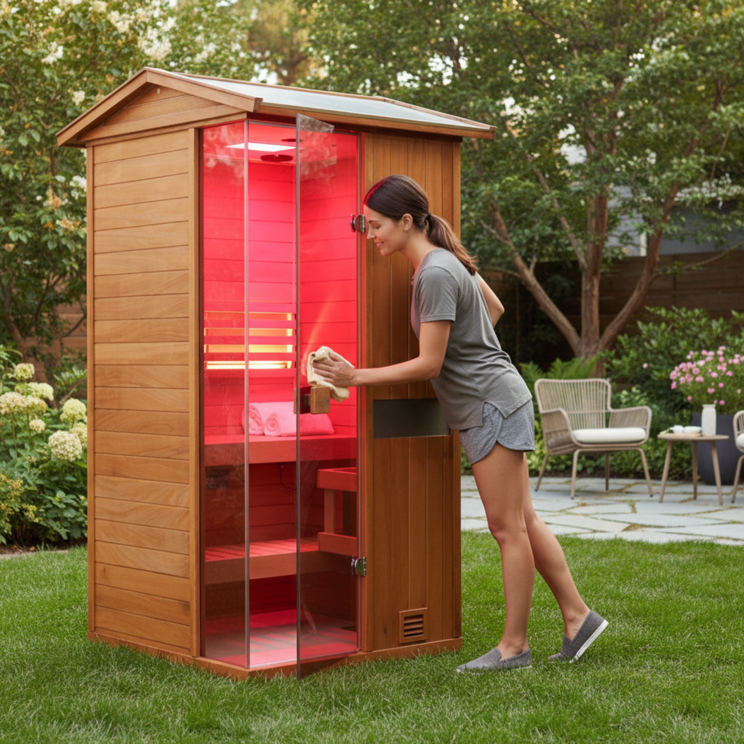  Samsora 701VT outdoor steam sauna maintenance view - premium sauna care and upkeep demonstration