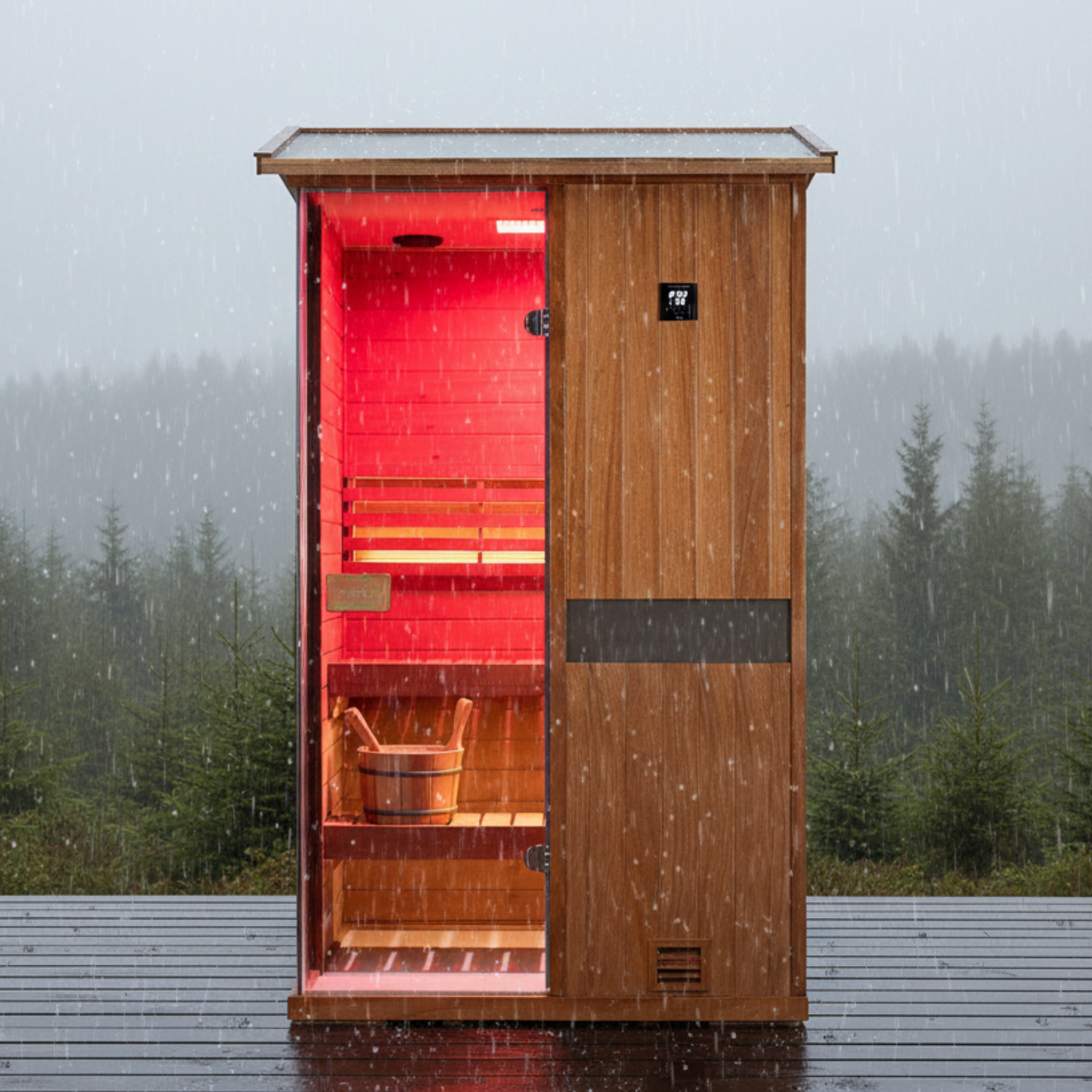Samsora 701VT outdoor steam sauna garden display - African mahogany 1-person model in tranquil backyard environment with weather-resistant construction for personal outdoor therapy