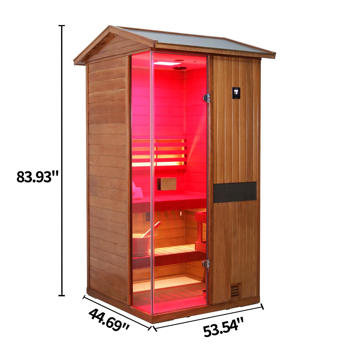 Samsora 701VT steam sauna right side view - African mahogany lateral panel displaying unit depth, wood grain texture and compact installation profile External_dimensions