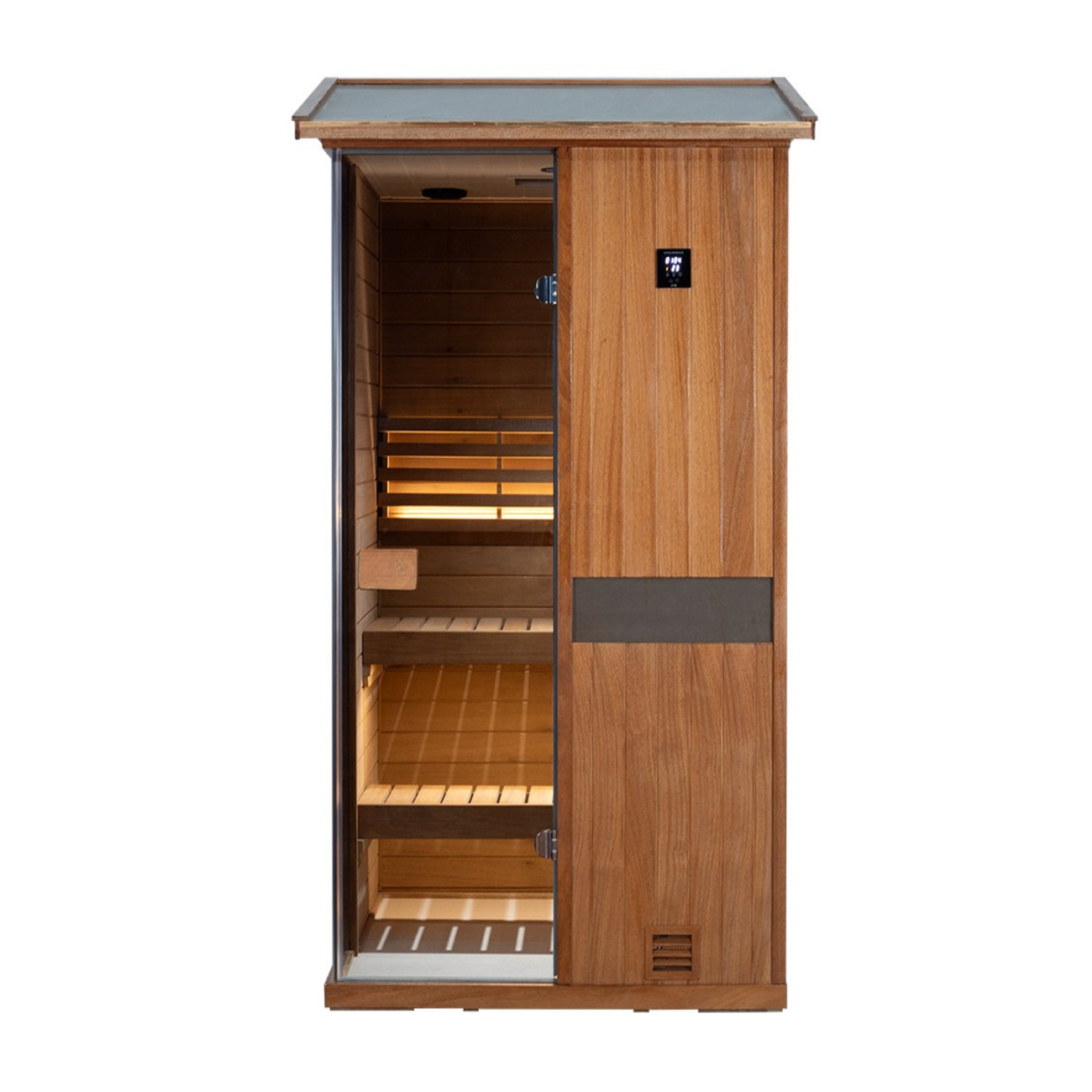 Samsora 701VT steam sauna front display - premium mahogany one-person unit showcasing centered glass access, sophisticated hardware and rich wood grain