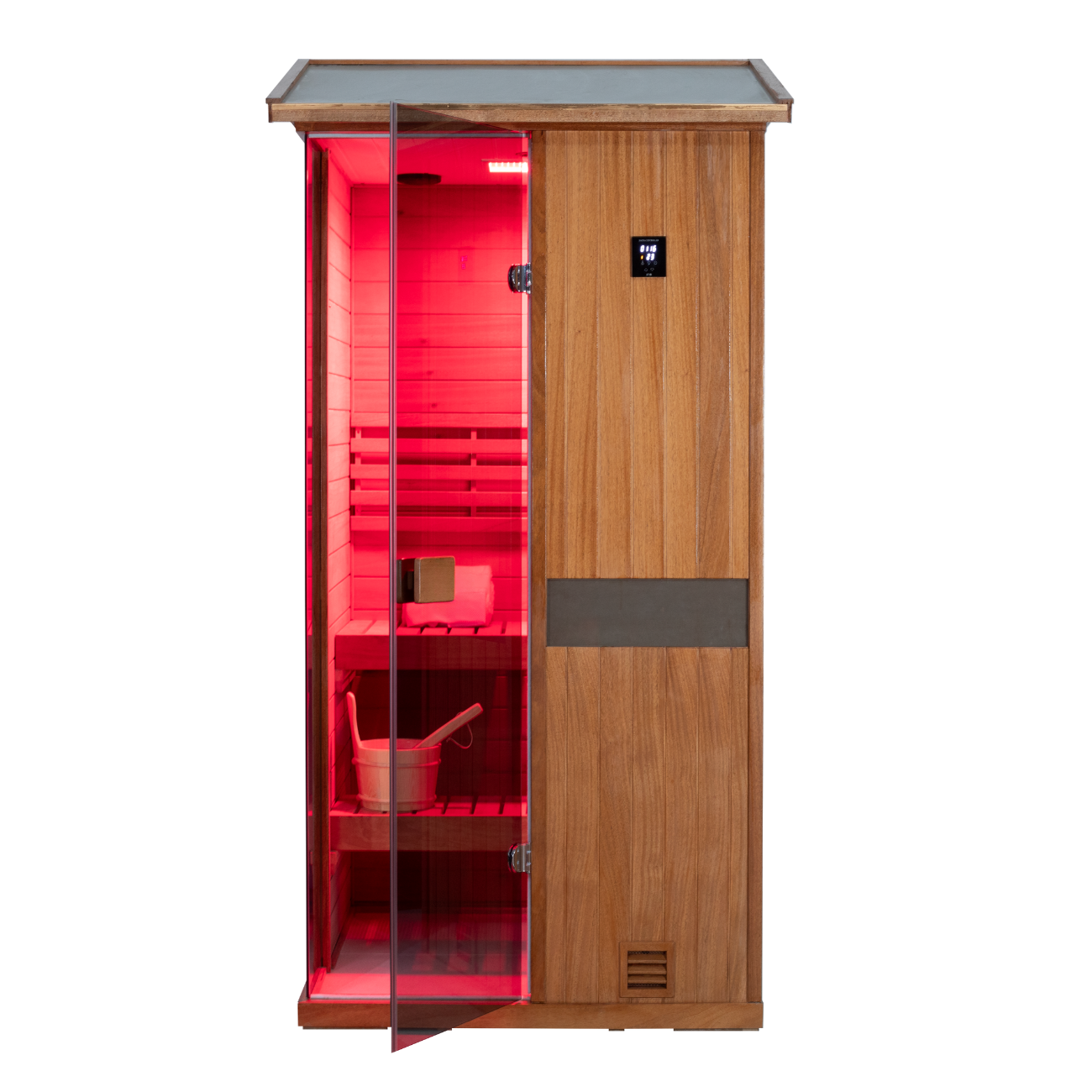 Samsora 701VT steam sauna front presentation - African mahogany single-person model with full glass door, polished hardware and luxurious wood finish