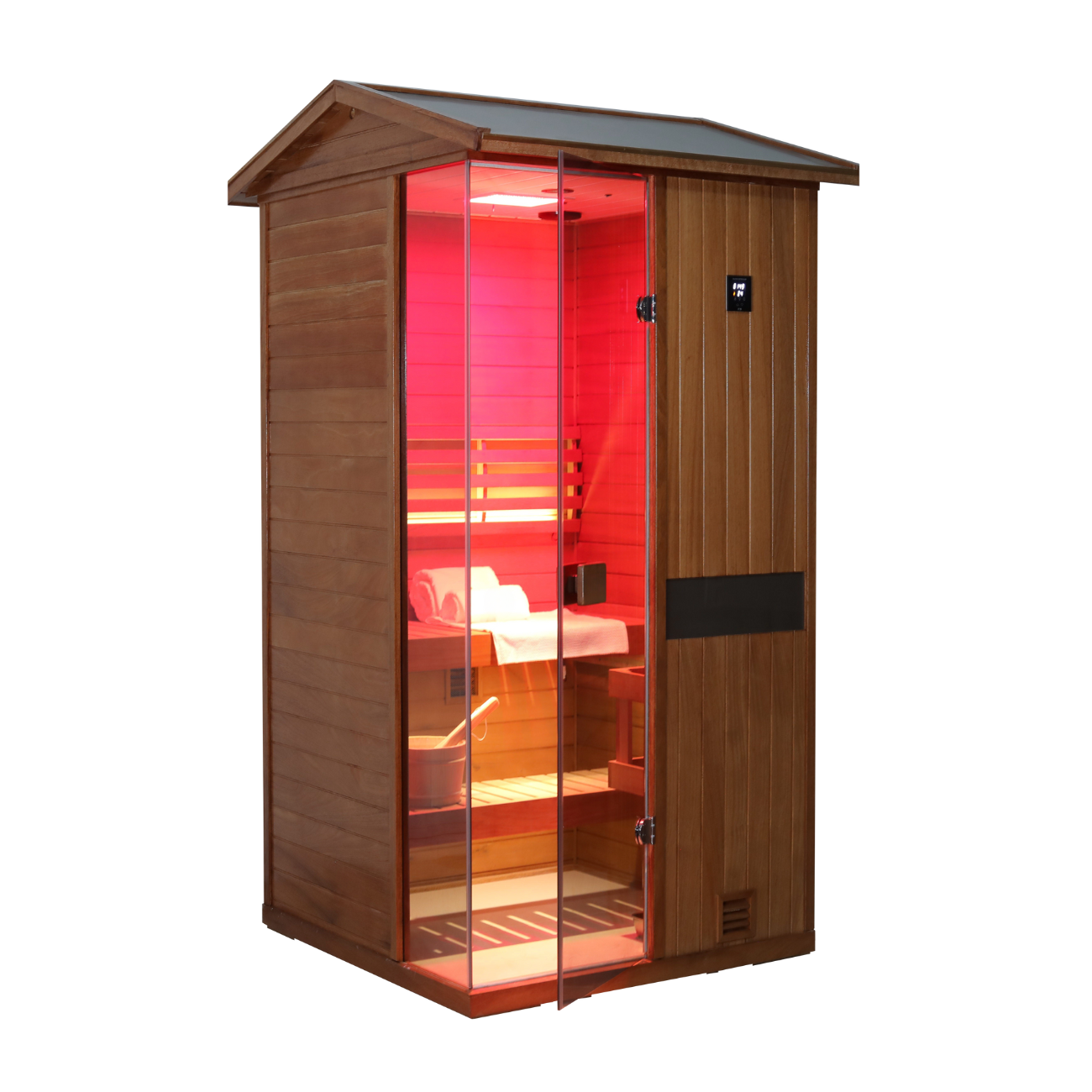 Samsora 701VT steam sauna right side view - African mahogany lateral panel displaying unit depth, wood grain texture and compact installation profile