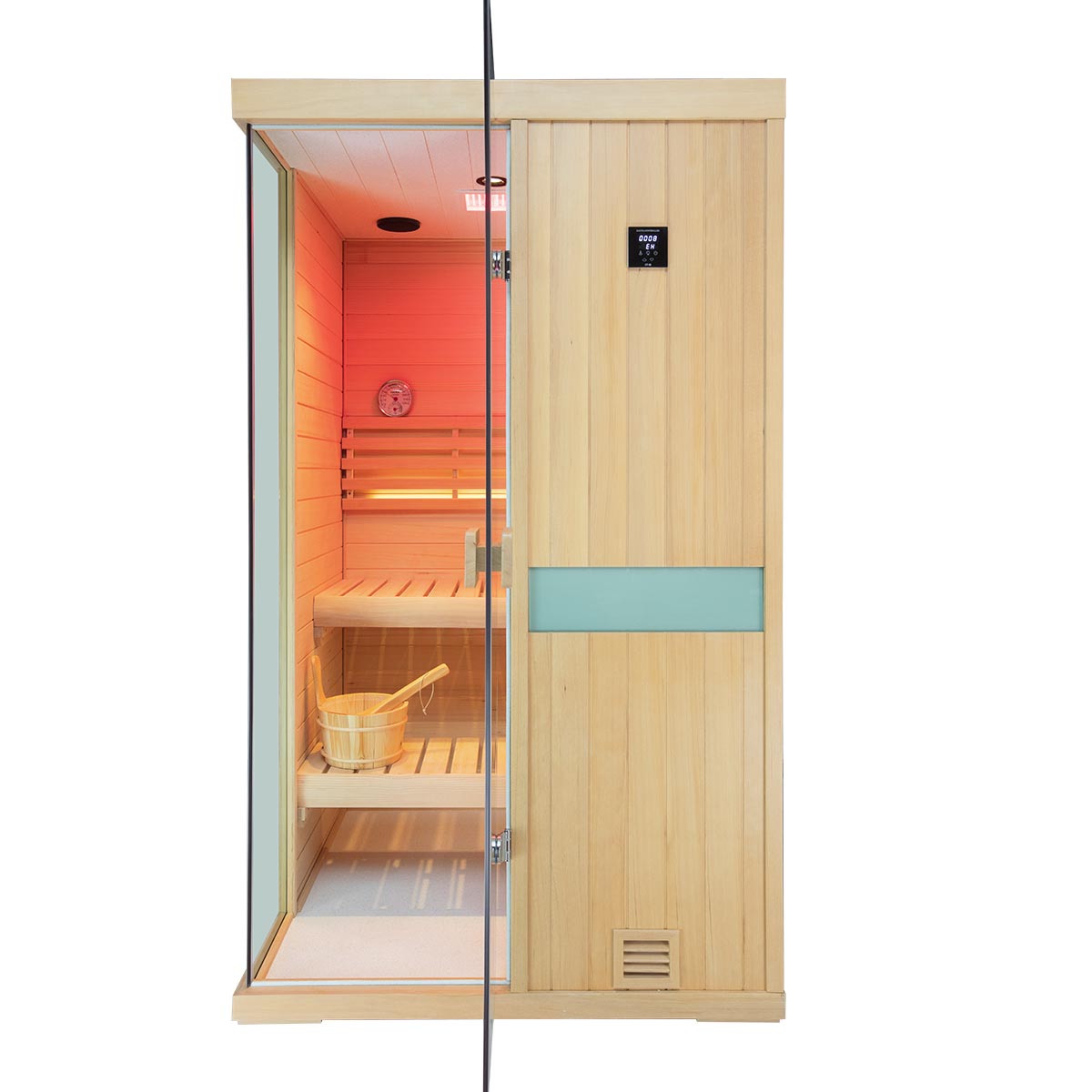 Samsora 702SH sauna frontal presentation - two-person hemlock model featuring dual-width glass door, refined hardware and balanced proportions