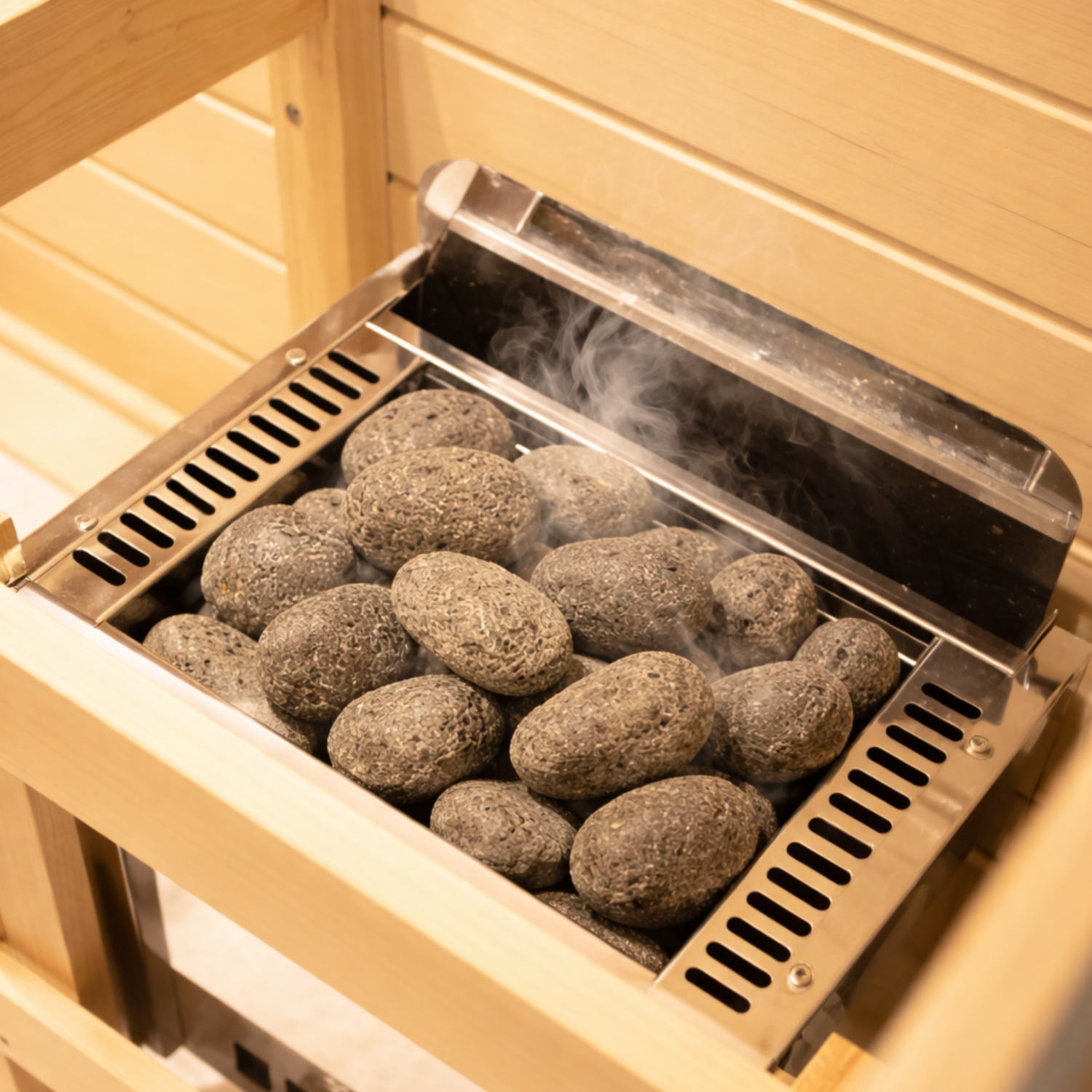  Samsora 702SH sauna stones display - premium volcanic rocks in stainless steel basket for optimal heat retention and authentic steam generation experience