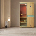 Samsora 702SH indoor steam sauna interior lifestyle scene - premium hemlock wood sauna showcased in contemporary home with serene atmosphere