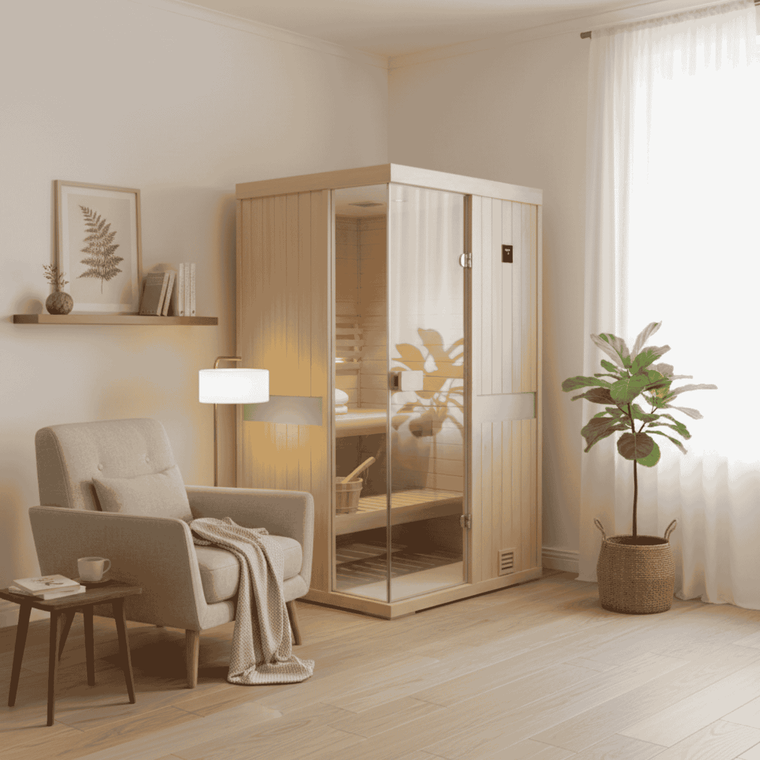 Samsora 702SH steam sauna cabin interior view - premium wood construction with modern design and ambient lighting