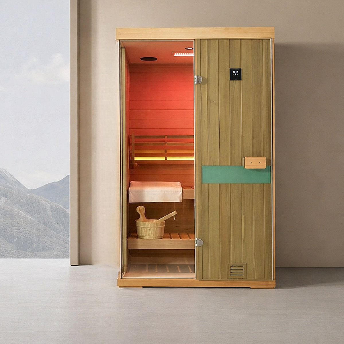 Samsora 702SH indoor steam sauna lifestyle scene - premium hemlock wood sauna in modern home setting with natural lighting and relaxation ambiance