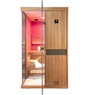 Samsora 702ST sauna frontal view - rich mahogany finish showcasing wide glass entrance, polished fixtures and sophisticated design