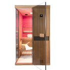  Samsora 702ST steam sauna front presentation - luxurious mahogany two-person model with full-height glass door and premium metallic accents
