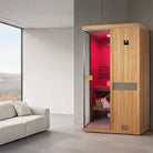 Samsora 702ST steam sauna home interior display - luxurious mahogany construction integrated into residential space with sophisticated wellness design