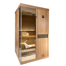 Samsora 702ST steam sauna right side display - lateral mahogany panel view revealing unit depth, corner detailing