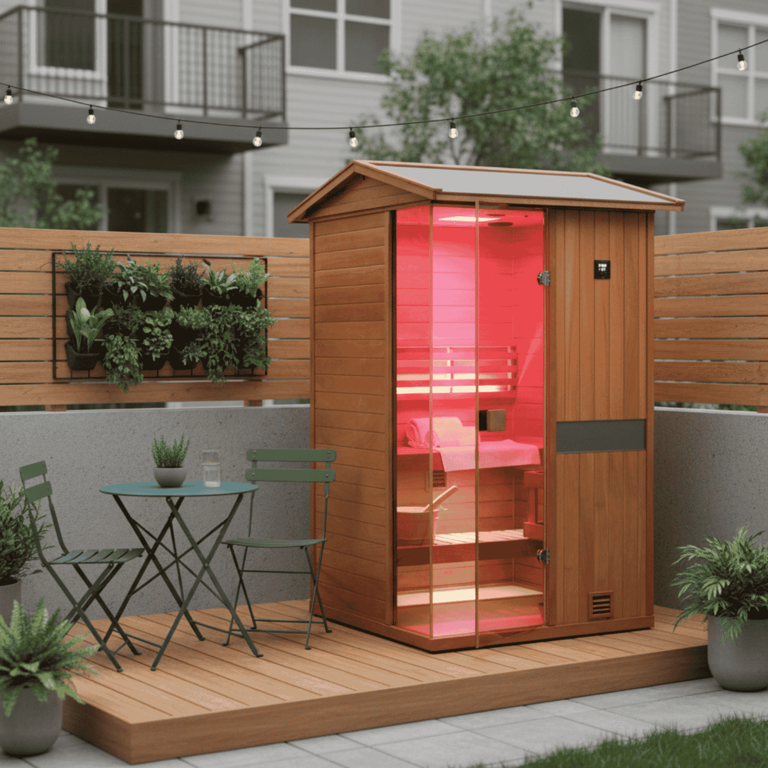 Samsora 702VT outdoor steam sauna compact design showcase - premium space-saving sauna installation