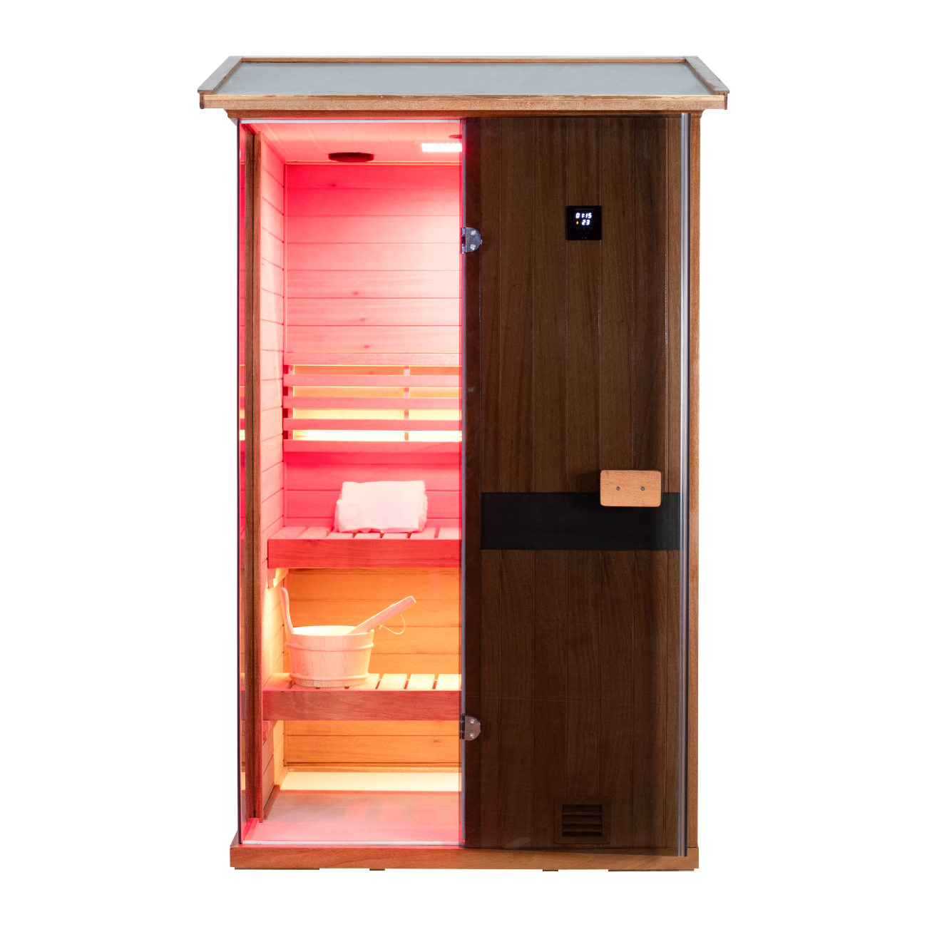 Samsora 702VT steam sauna front display - premium mahogany two-person model with wide glass door, elegant hardware and rich wood grain finish