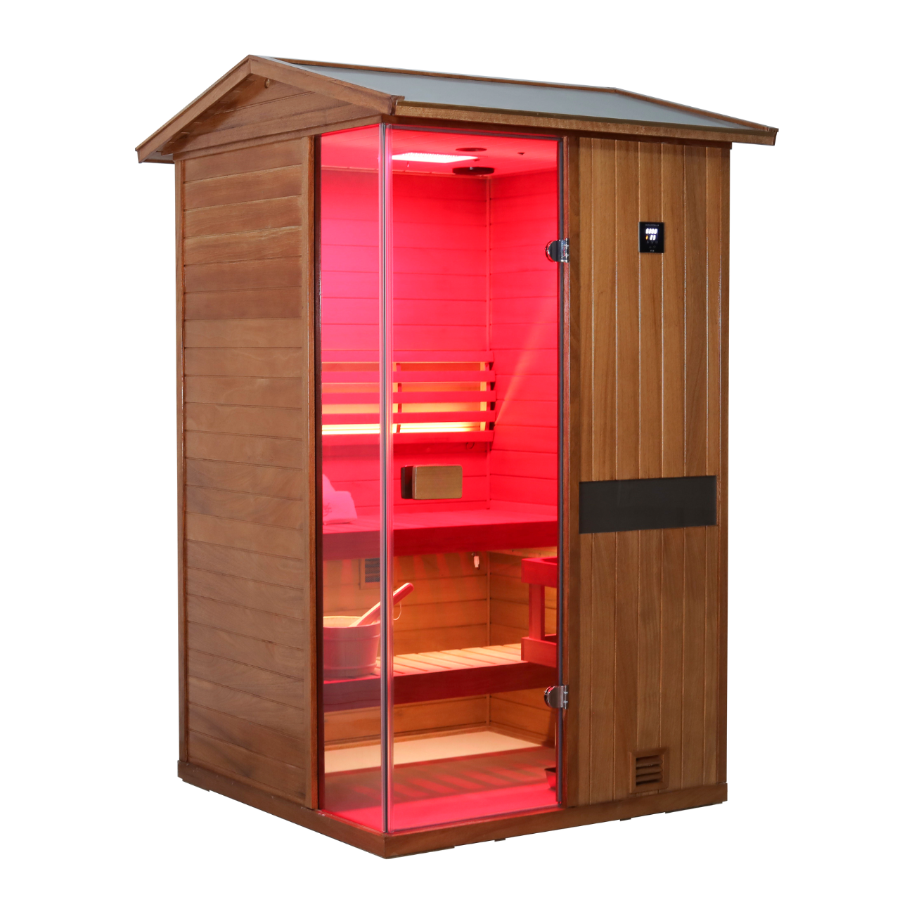 Samsora 702VT steam sauna front view - dual-capacity African mahogany unit showcasing centered glass access and polished metallic fixtures