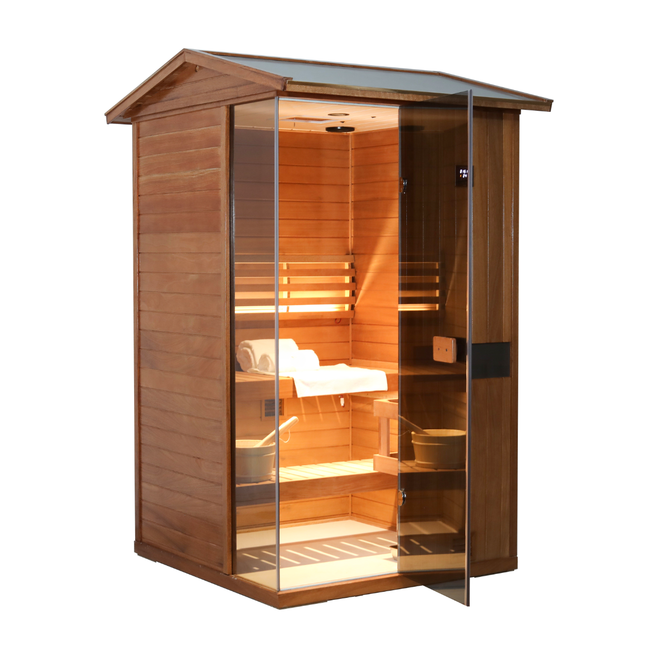 Samsora 702VT steam sauna frontal presentation - spacious mahogany construction featuring transparent entrance and sophisticated design aesthetic