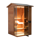 Samsora 702VT steam sauna frontal presentation - spacious mahogany construction featuring transparent entrance and sophisticated design aesthetic